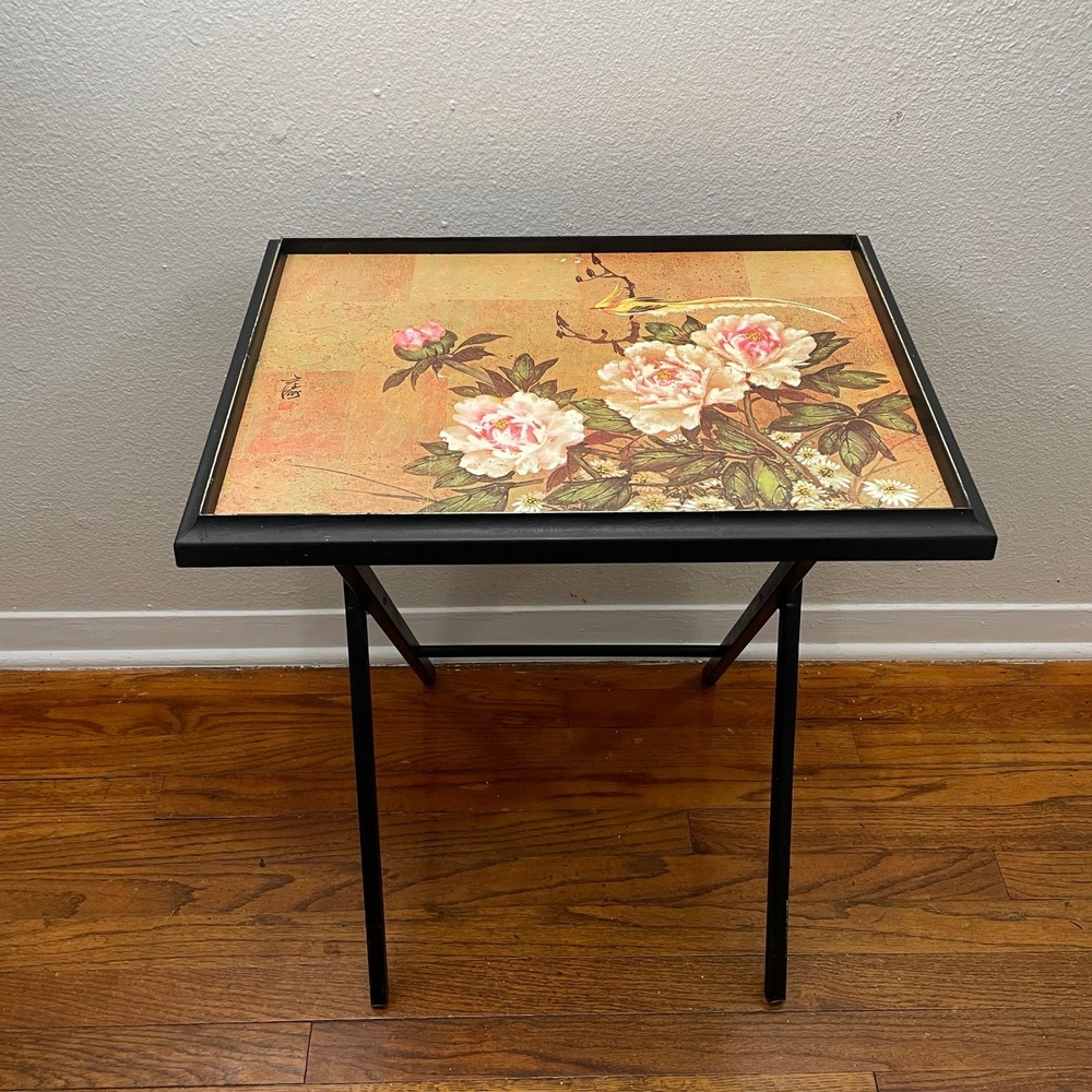 ARTEX 1950s Folding TV Tray Butlerette Table Chinoiserie Floral Bird Black Wood